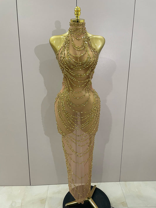 Luxury Sparkly Gold Rhinestone Sexy Transparent Mesh Long Dress Women Birthday Party Gown Stage Singer Performance Costume Gold