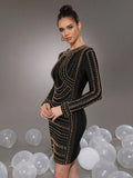 Elegant Women's Light Luxury Rivet Design Bandage Dress O-neck Long Sleeve Bodycon Black Mini Dress Evening Party Vestidos