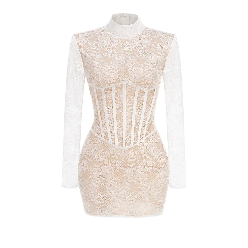 Spring Women Long Sleeve Sexy Lace Bodycon Mini Dress Elegant Evening Party Runway Fashion Birthday Cocktail Outfit