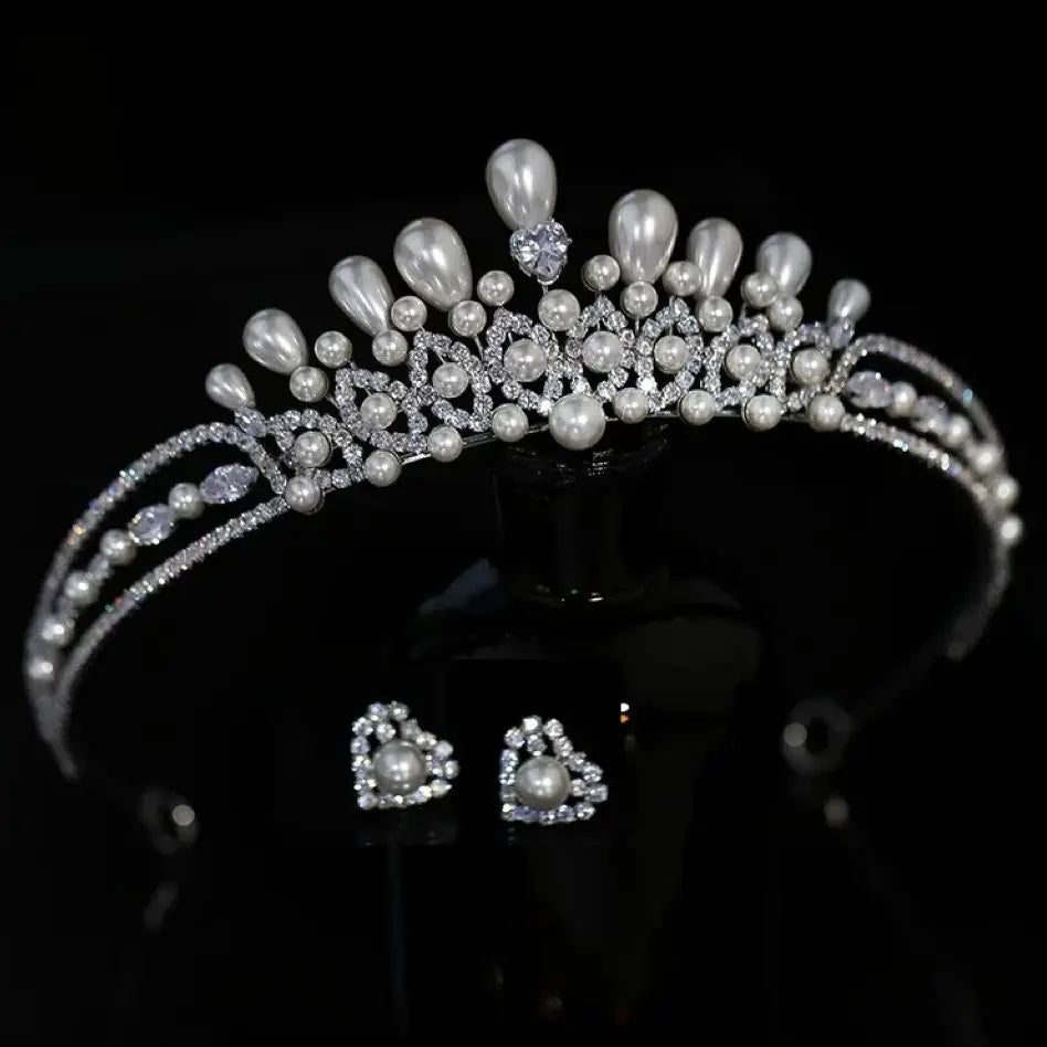 Crystal Pearl Tiaras and Crowns Set Zirconia Diadem For Bride Princess Queen Headband Bridal Hair Jewelry Wedding Accessories a