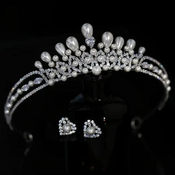 Crystal Pearl Tiaras and Crowns Set Zirconia Diadem For Bride Princess Queen Headband Bridal Hair Jewelry Wedding Accessories a
