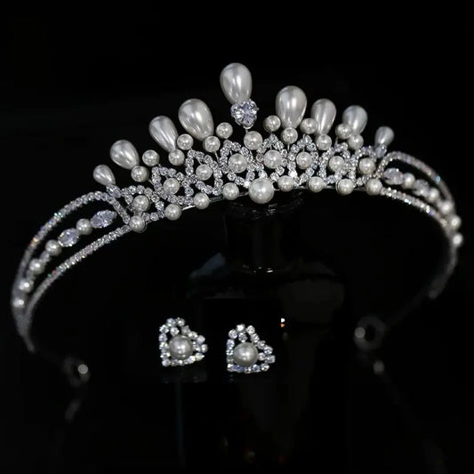 Crystal Pearl Tiaras and Crowns Set Zirconia Diadem For Bride Princess Queen Headband Bridal Hair Jewelry Wedding Accessories a