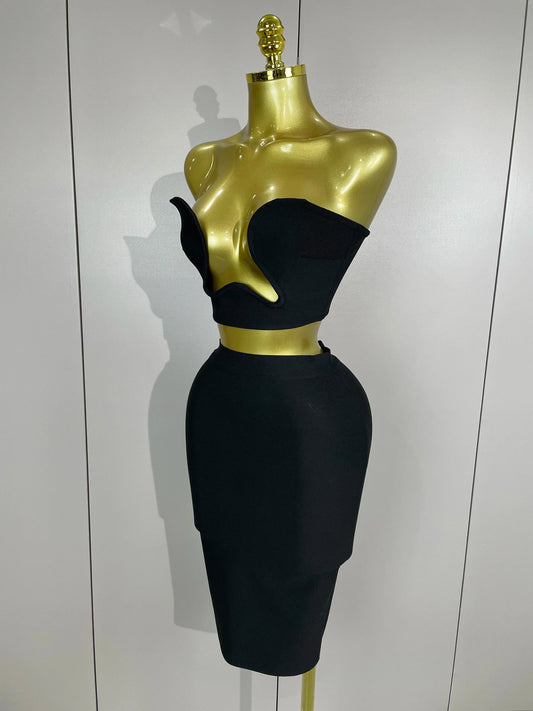 Women Sexy Strapless Backless Black Bandage Two Piece Suit Celebrity Designer Fashion Birthday Gown Evening Prom Costume