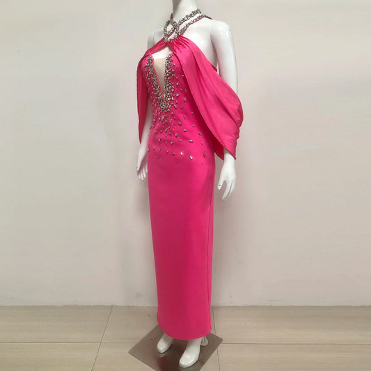 New Women Celebrity Sexy Key Hole Beading Diamonds Pink Maxi Long Bodycon Bandage Dress Elegant Evening Club Party Dress