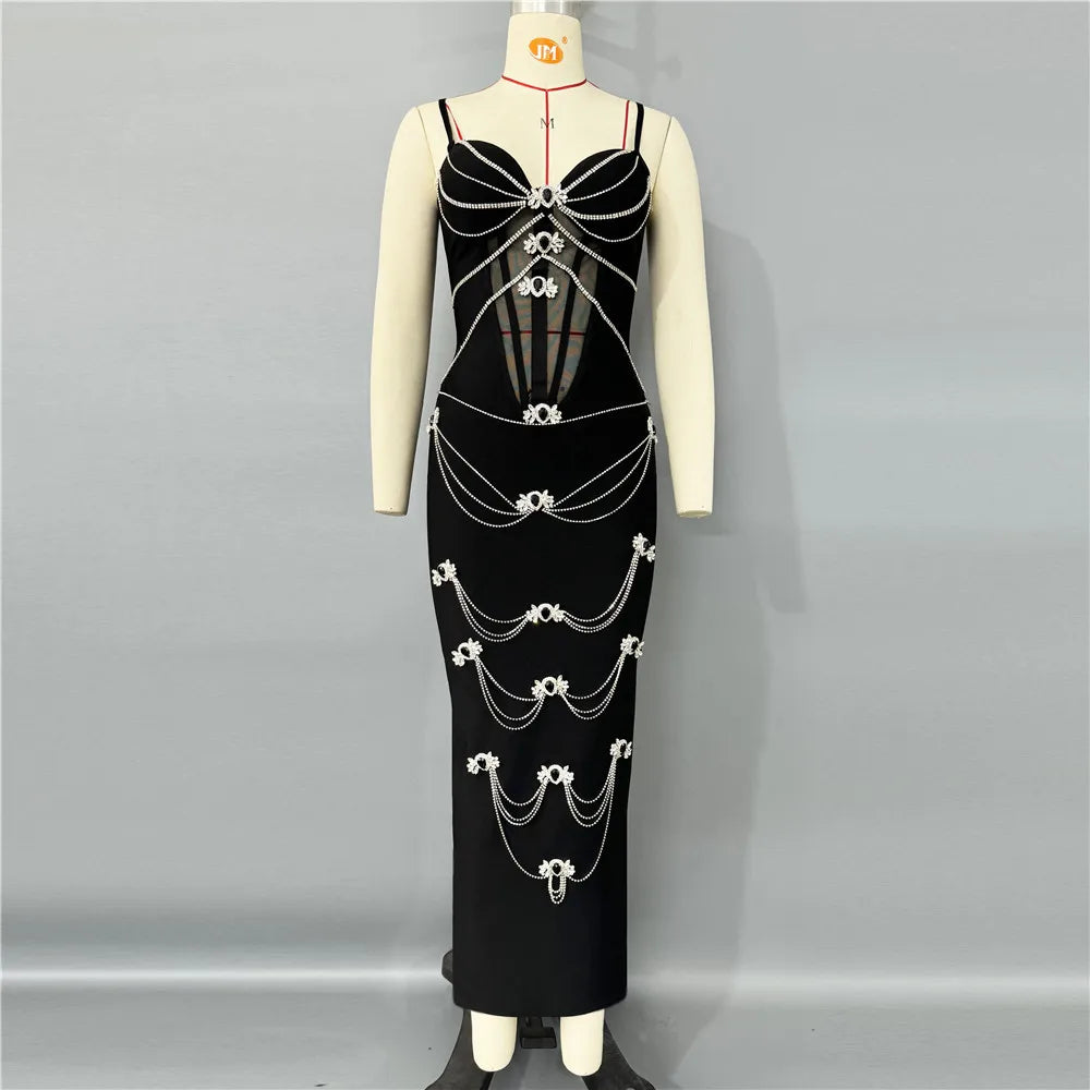 Black Color Women Sleeveless Sexy V-Neck Shinning Diamond Chain Bodycon Long Bandage Dress Evening Party Celebrate Outfit black