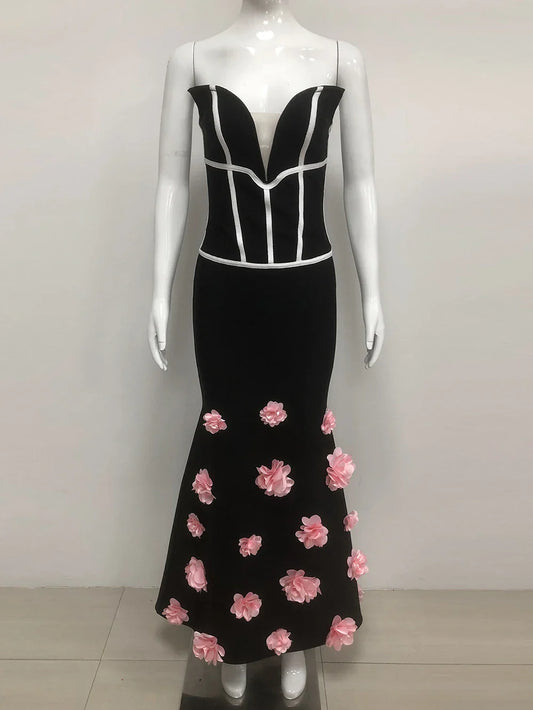 Sexy Off Shoulder 3D Flowers Bandage Mermaid Dresses Womens Strapless Evening Party Formal Long Dress Birthday Prom Vestidos