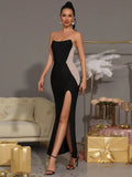 Sexy Women'S Patchwork Bead Design Bandage Dress Strapless Sleeveless Bodycon Backless Split Length Dresses Party Vestidos