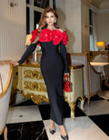 Winter Women Long Sleeve Red Florals Bodycon Long Bandage Dress Celebrate Evening Party Birthday Fashion Dress