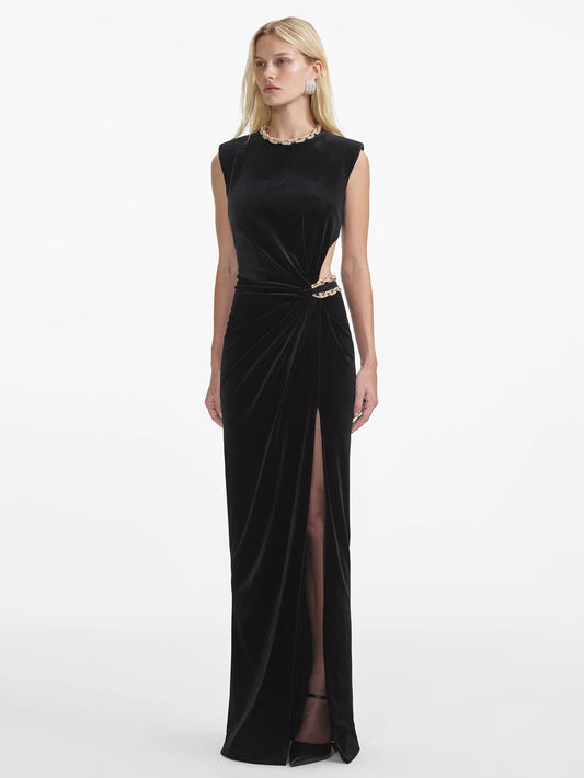 Elegant Diamond Chain High Waist hollow out Velvet Long Dress Women Sleeveless Shoulder Pad Dresses Female Evening Dresses Lady