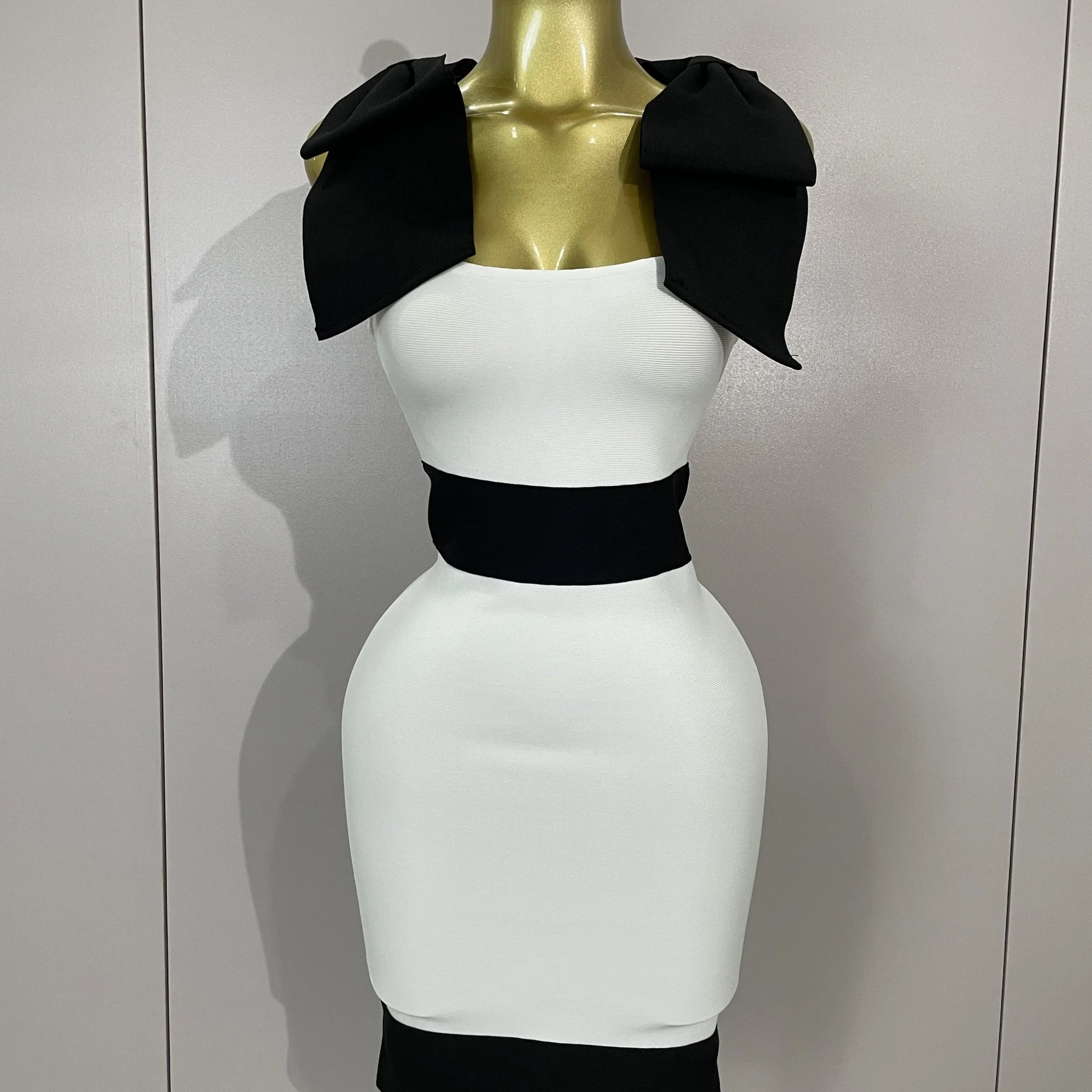 Sexy Bow Tie Black White Patchwork Bodycon Bandage Dress Women Celebrity Elegant Evening Club Party Birthday Dresses black