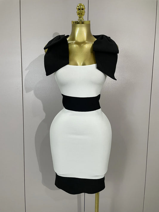 Sexy Bow Tie Black White Patchwork Bodycon Bandage Dress Women Celebrity Elegant Evening Club Party Birthday Dresses black
