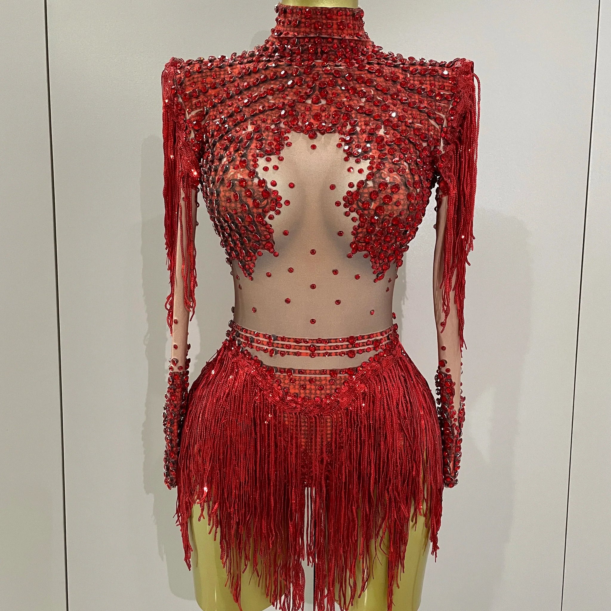 Sparkly Rhinestone Sequin Tassel Stretch Bodysuits Women Birthday Party Nightclub Dj Stage Performance Costume Red