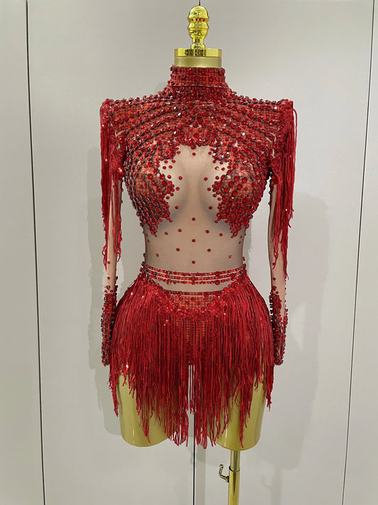 Sparkly Rhinestone Sequin Tassel Stretch Bodysuits Women Birthday Party Nightclub Dj Stage Performance Costume Red
