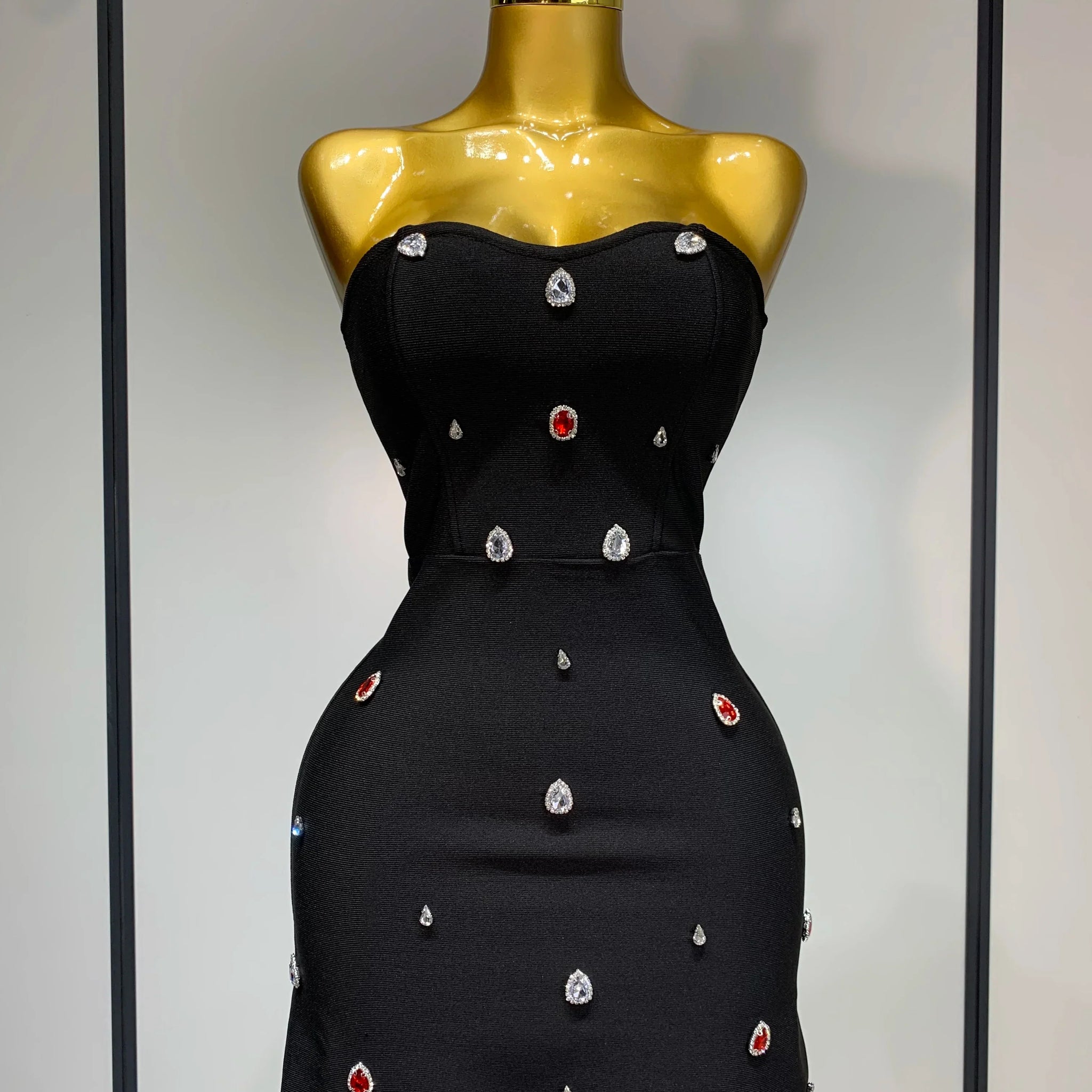 Women Sexy Strapless Colorful Crystal Bodycon Mini Bandage Dress Spring Elegant Party Celebrate Birthday Outfit black