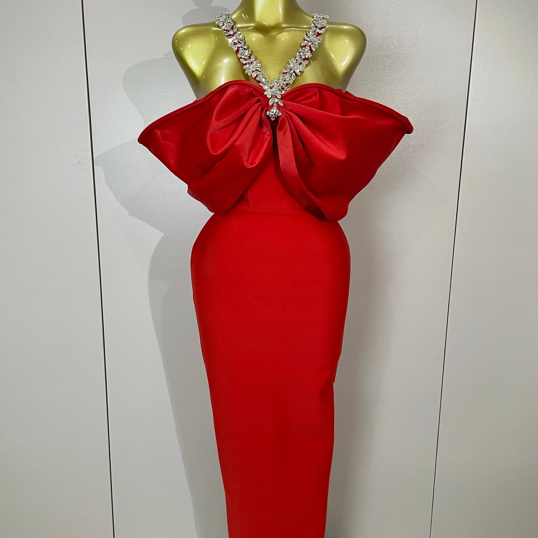 Luxury Rhinestone Chain Red Off Shoulder Vintage Butterfly Chic Bodycon Long Dress Elegant Evening Party Birtyday Clothing Red