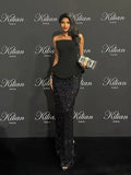 Spring Women Sexy Strapless Shinning Sequins Bodycon Long Bandage Dress Celebrity Red Carpet Evening Party Dress