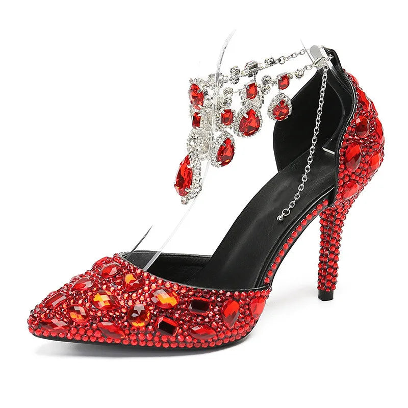 Bling Luxury Handmade Full Rhinestones Women Pumps Fashion Diamonds Crystal Pendant Banquet High heels Party Prom Wedding Shoes Red