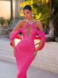 New Women Celebrity Sexy Key Hole Beading Diamonds Pink Maxi Long Bodycon Bandage Dress Elegant Evening Club Party Dress
