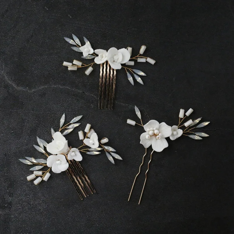 Bridal Jewelry Porcelain Flower Hair Combs Pins Clips Opal Hairpins Bride Bridesmaids Gold Color Head Pieces Wedding Accessories a