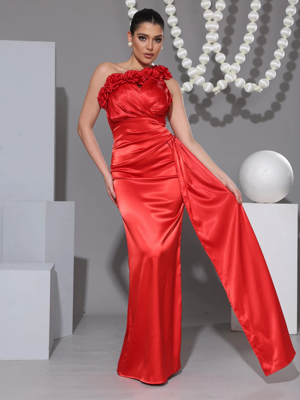 2025 Summer Elegant One Shoulder Satin Prom Dress Red sleeveless 3D Flower Folds Floor Length Special Occasion Formal Party Gown