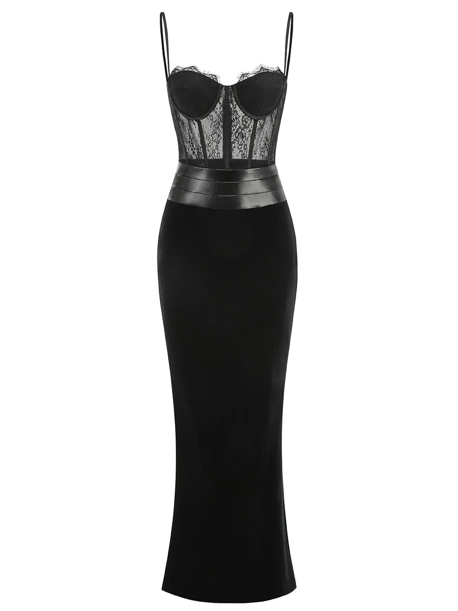 Black Color Women Sleeveless Sexy Strap Lace Bodycon Long Dress Valentine's Day Celebrate Birthday Vacation Outfit Vestido
