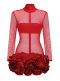 2024 Sexy Women's Perspective Mesh Mini Dress Stand Collar Long Sleeve Bodycon 3D Flower Decoration Dress Evening Party Vestidos