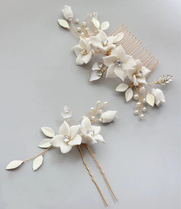 Bridal Jewelry Porcelain Flower Hair Clip Comb Crystal Hairpin Women Bride Bridesmaids Gold Color Head Piece Wedding Accessories c