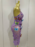 Women Celebrity Luxury Birthday Nightclub Stage Outfit Sparkly Butterfly Purple Sexy Mesh See Through Dress