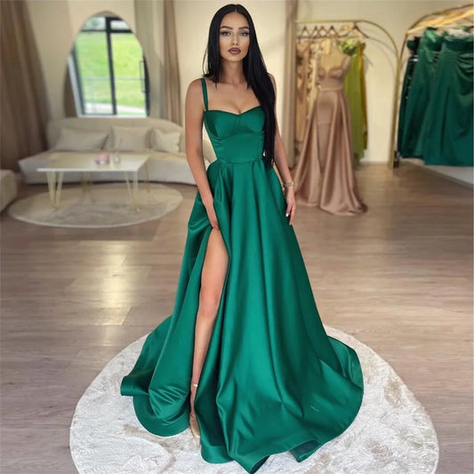 Elegant Green A-Line Prom Dresss Spaghetti Strap Ruched Floor Length High Side SlitEvening Dress robes de soirée Green