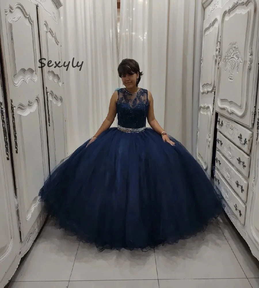 Classic Navy Blue Quinceanera Dresses 2 Pieces Tulle Beaded Vestidos De 15 Años Sweet 16 Dress Lace A Line Prom Gown Customized