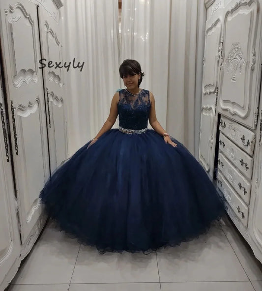 Classic Navy Blue Quinceanera Dresses 2 Pieces Tulle Beaded Vestidos De 15 Años Sweet 16 Dress Lace A Line Prom Gown Customized
