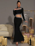 Sexy Women's Pearl Nail Bead Design Bandage Long Dress Stand Collar Long Sleeve Bodycon Hollow Dress Cocktail Banquet Dress