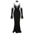 Women's Light Luxury Nail Bead Design Velvet Dress+Neck+Glove Design Strapless Sleeveless Bodycon Split Body Long Dresses black