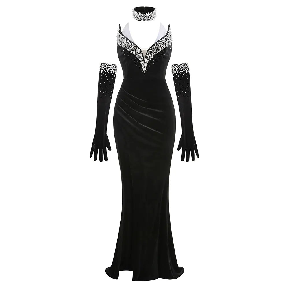 Women's Light Luxury Nail Bead Design Velvet Dress+Neck+Glove Design Strapless Sleeveless Bodycon Split Body Long Dresses black