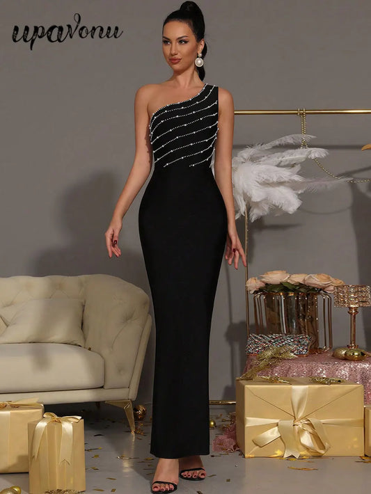 Elegant Women Nail Bead Design Bandage Dress One Shoulder Sleeveless Bodycon Long Dress Cocktail Evening Club Party Vestido