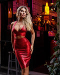 Gold Red Foil Color Women Sexy Halter V-Neck Bodycon Tops Bandage Pencil Skirts Set Nightclub Party Celebrate Women's Set