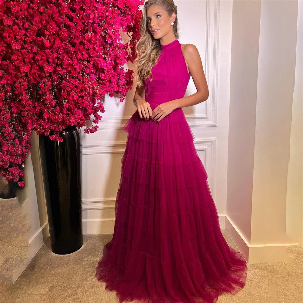 Fuchsia Halter Neck فساتين سهره فاخره  Sexy Sleeveless A-line Prom Dress Grace Multilayer Vestidos De Noche