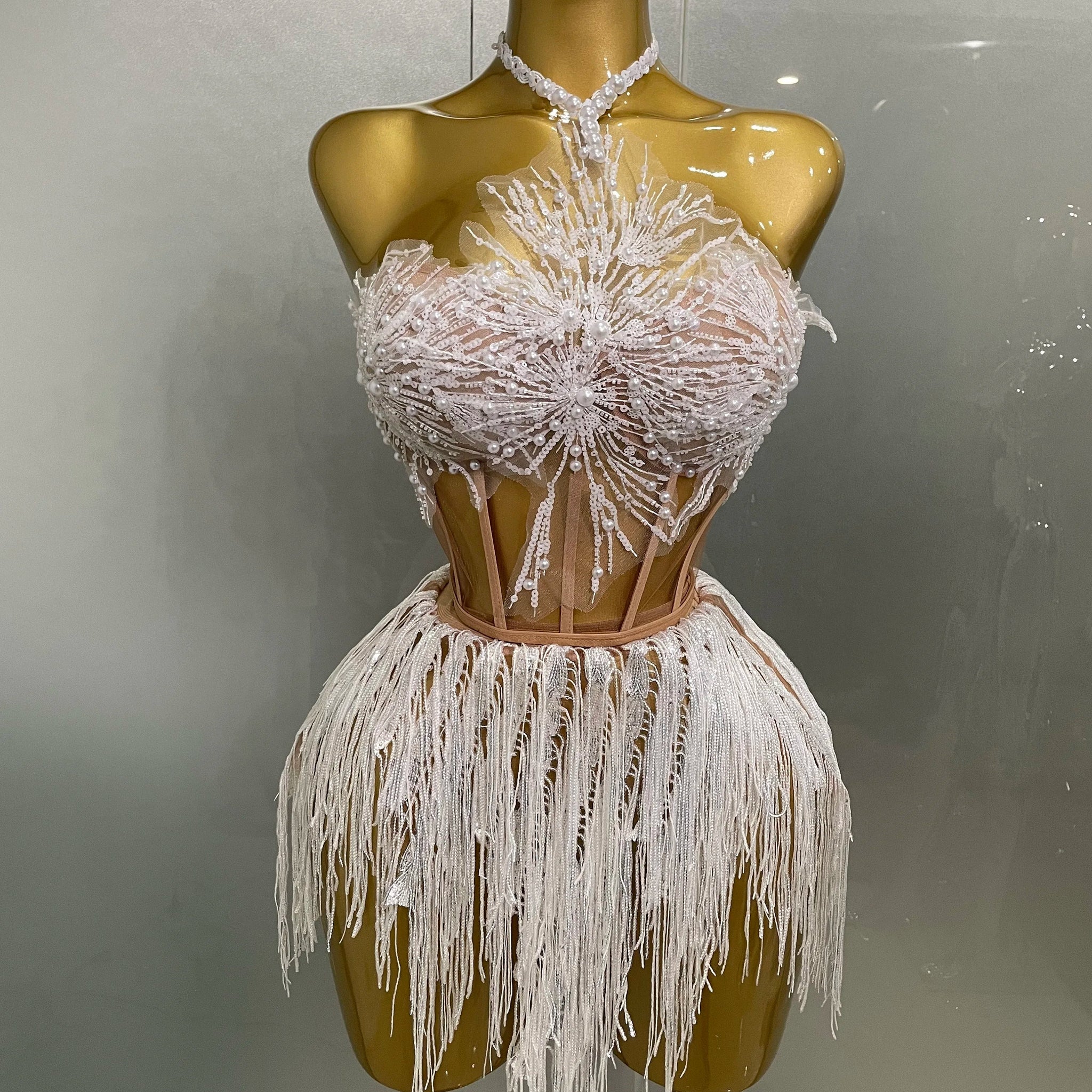 Sexy Pearl Sequins Tassel Sleeveless Glitter Mini Dress Women Singer Bar Nightclub Stage Performance Clothing Show Outfit Ivory