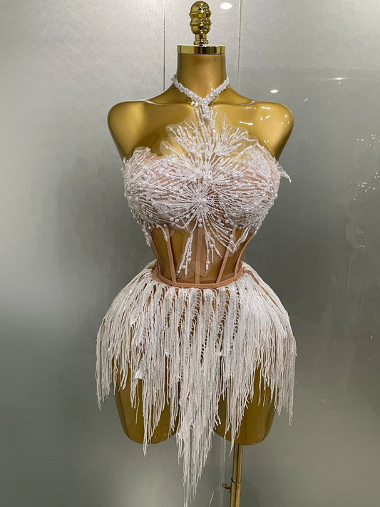 Sexy Pearl Sequins Tassel Sleeveless Glitter Mini Dress Women Singer Bar Nightclub Stage Performance Clothing Show Outfit Ivory