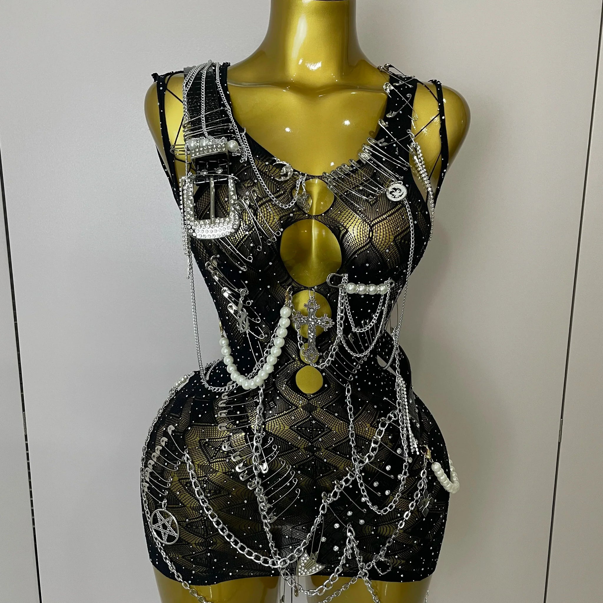 Sexy Fashion Pin Decoration Fringe Beading Short Party Dress Women Hollow Out Nightclub Performance Singer Costume black