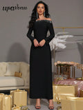 Elegant Women's Hot Diamond Design Bandage Dress with One Collar Long Sleeve Slimming Long Dresses Evening Party Vestitos