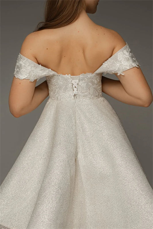 Bella White Lace Embroidery robes de soirée Off the Shoulder A-line Prom Dresses Elegant Sleeveless Short Wedding Dress 2024