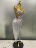 Sparkly Rhinestone Sequin Tassel Sexy Mini Skirt Two Pieces Set Women Birthday Celebrate Party Nightclub Stage Costume