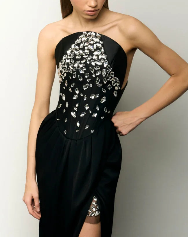 Black White Color Women Sexy Strapless Shinning Crystal Bodycon Long Bandage Dress Elegant Evening Party Celebrate Outfit black