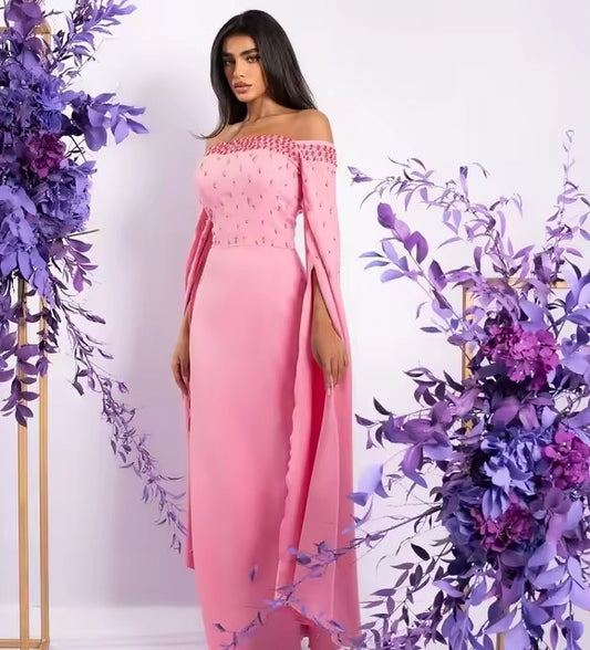 Elegant Pink Saudi Arabic Prom Dresses Off The Shoulder Long Cape Sleeves Formal Evening Dresses Sequineds Party Gowns