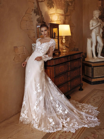 Lyxiga bröllopsklänningar underbara brudklänningar spetsar applikationer långa puffhylsor golvlängd robes ganska vestidos de novia