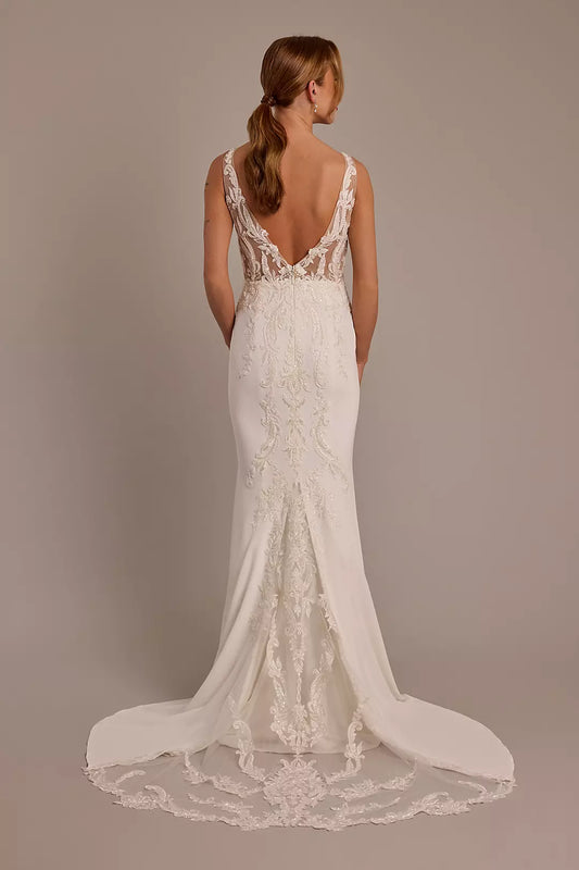 illusion lace bodice crepe tank wedding dress