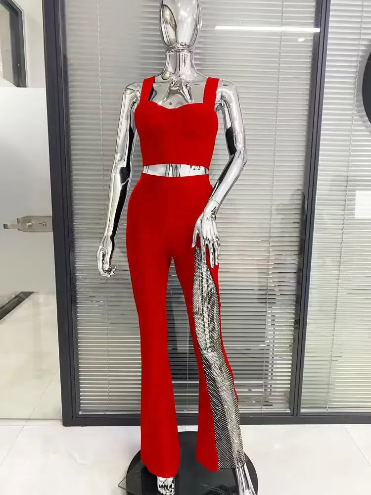 2023 Summer Women Sexy Tops Pants Set Bandage Fashion Shining Diamond Celebrate Nightclub Party Women's Set Wholesale
