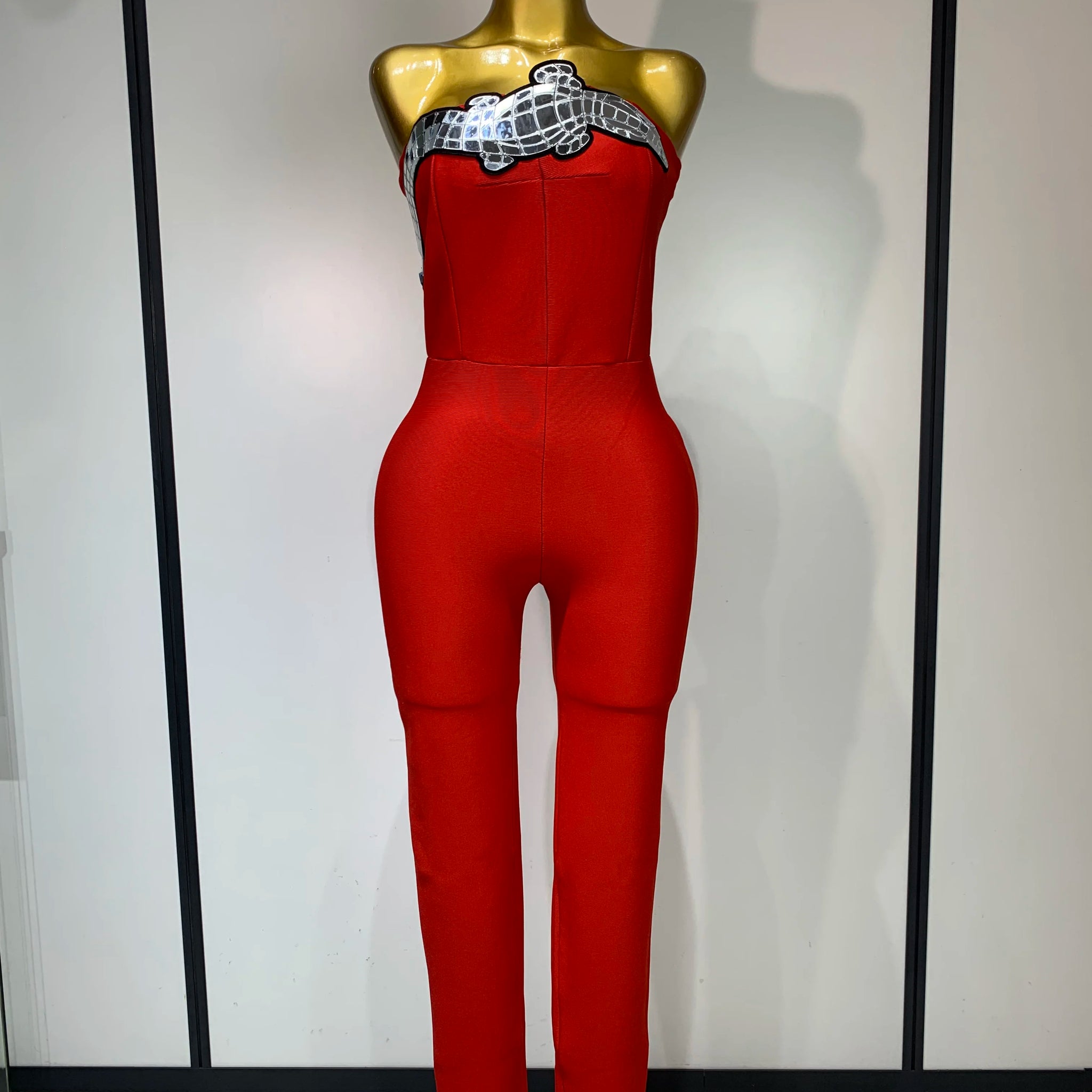 Fashion Celebrate Sparkly Sequin Women Sexy Strapless Bodycon Bandage Jumpsuit Streetwea Nightclub Party Luxury Birthday Outfit Red