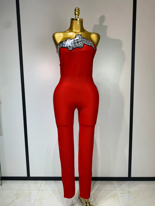 Fashion Celebrate Sparkly Sequin Women Sexy Strapless Bodycon Bandage Jumpsuit Streetwea Nightclub Party Luxury Birthday Outfit Red